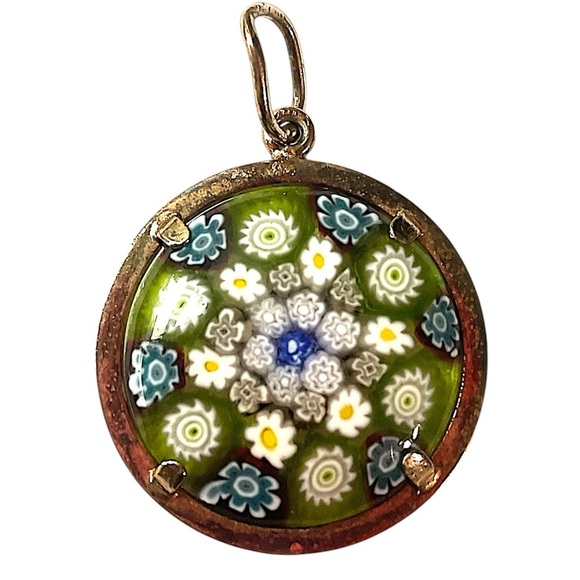 925 Sterling Silver Jewelry - Vintage Sterling Silver Vermeil Murano Glass Circle Pendant